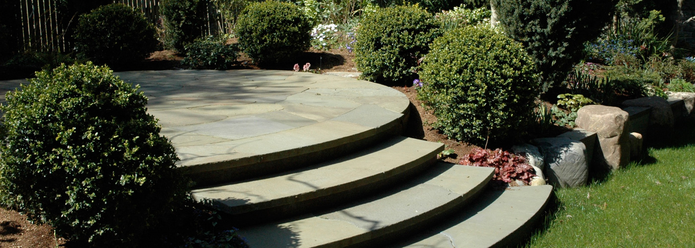 Magnolia garden, curved steps and patio